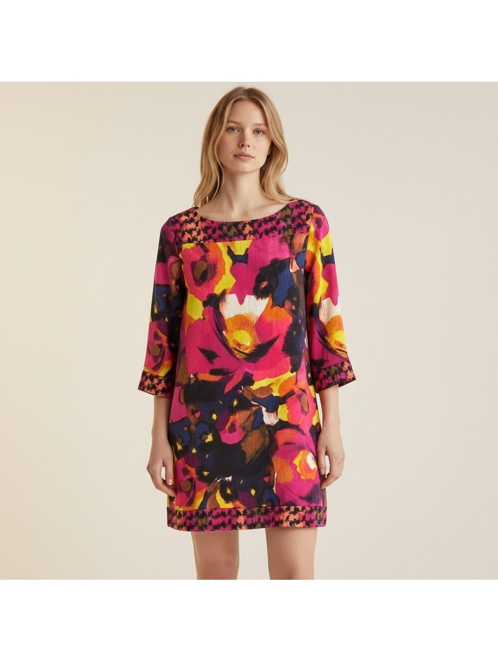 Alfani Mini Dress Women PS Petite Pink Floral Short 3/4 Sleeve Round Neck Casual